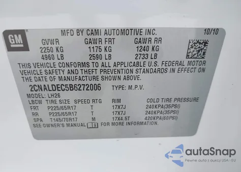 2011 Chevrolet Equinox 1Lt из США, поврежденный, VIN 2CNALDEC5B6272006